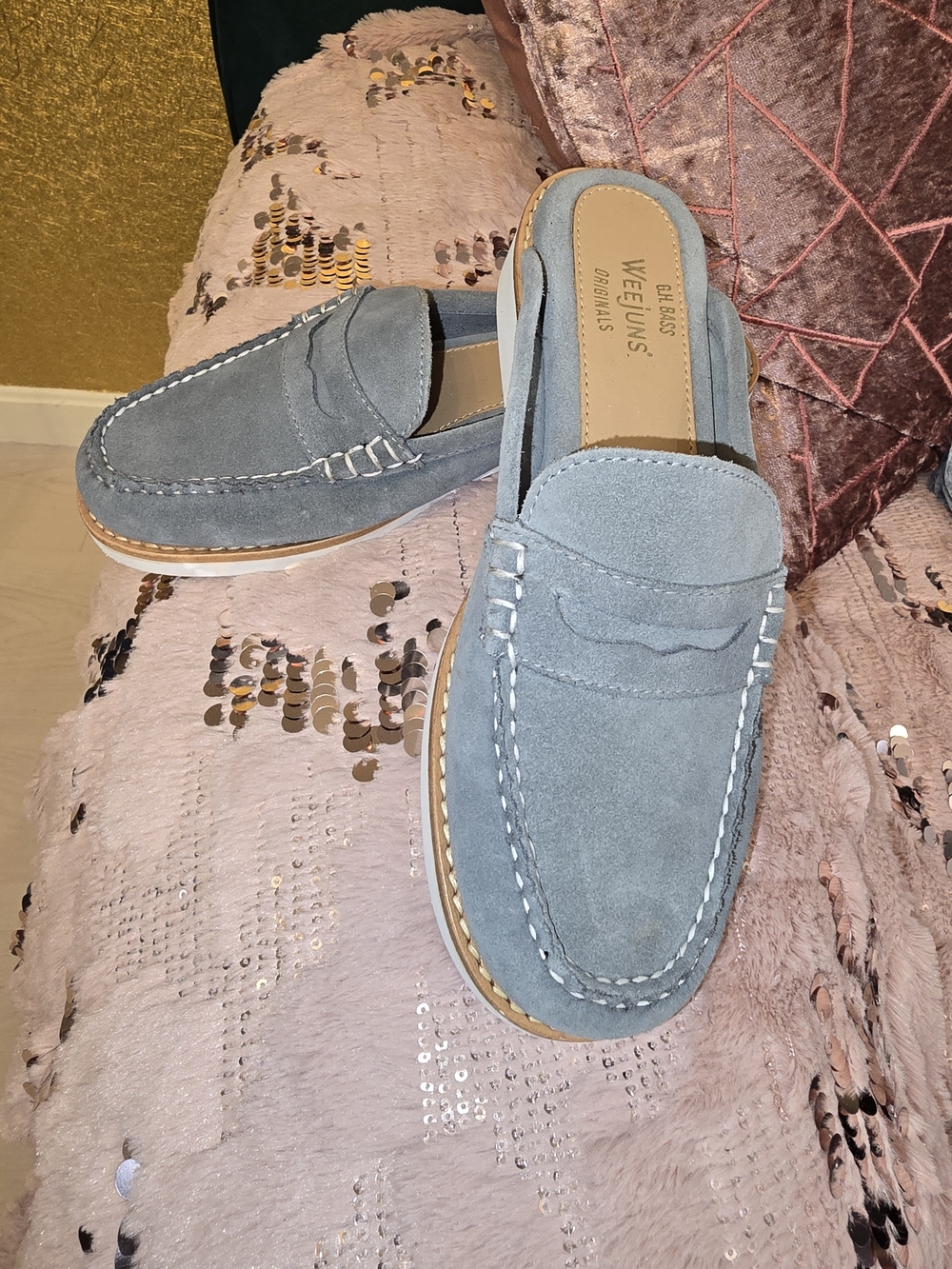 Women's Dusty Blue/grey Suede Penny Loafer Mules